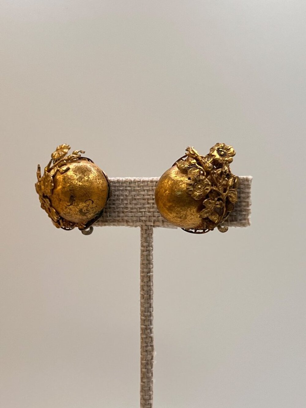 Vintage Signed Miriam Haskell Gold-Tone Floral Button Earrings
